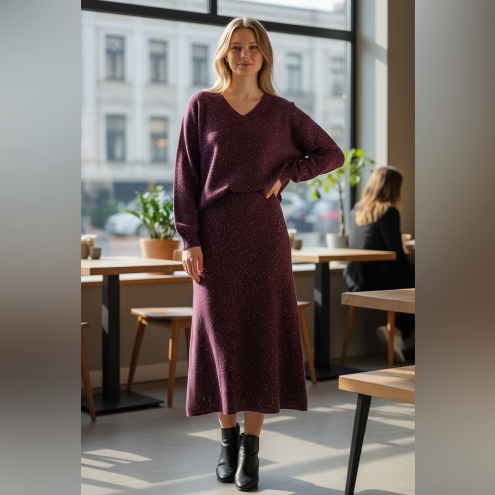 NWT Burgundy Knit Sweater and Midi Skirt Set Size Medium